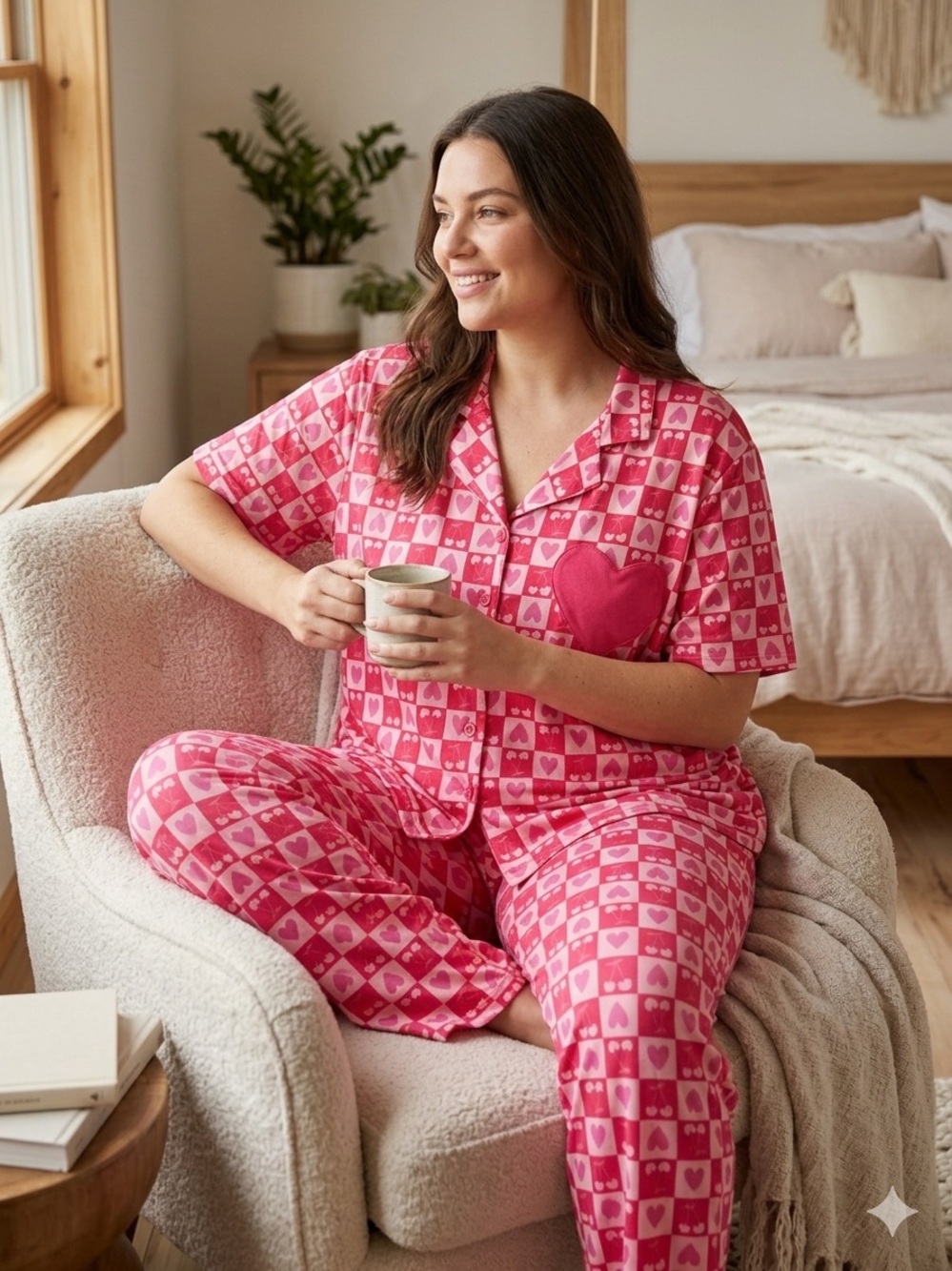 Madden Girl Pink Heart-Check Short-Sleeve Pajama Set